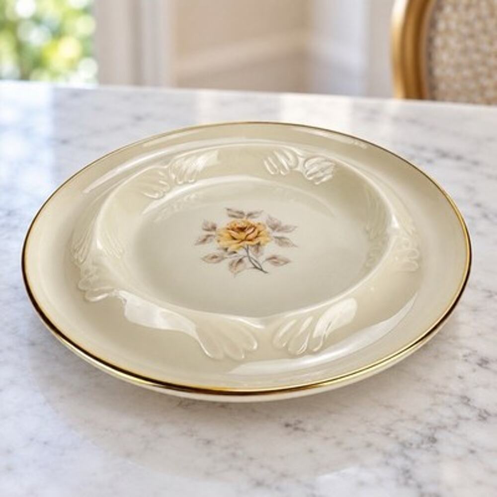 Lenox Special Yellow Rose 8” Ashtray Ivory Embossed Gold Trim Made USA